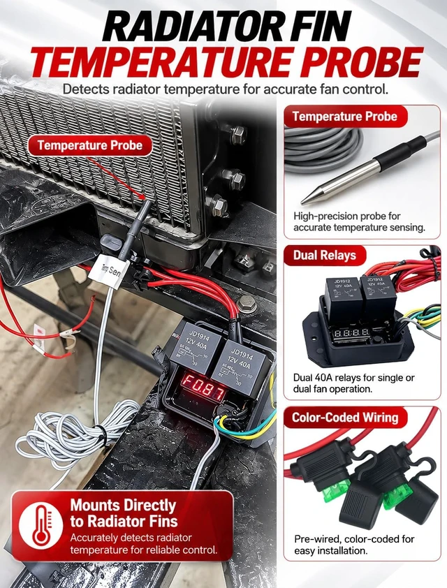 Alt view image 7 of 7 - 12V/24V Radiator Fan Controller Kit with LED Display, Replaces DC0444