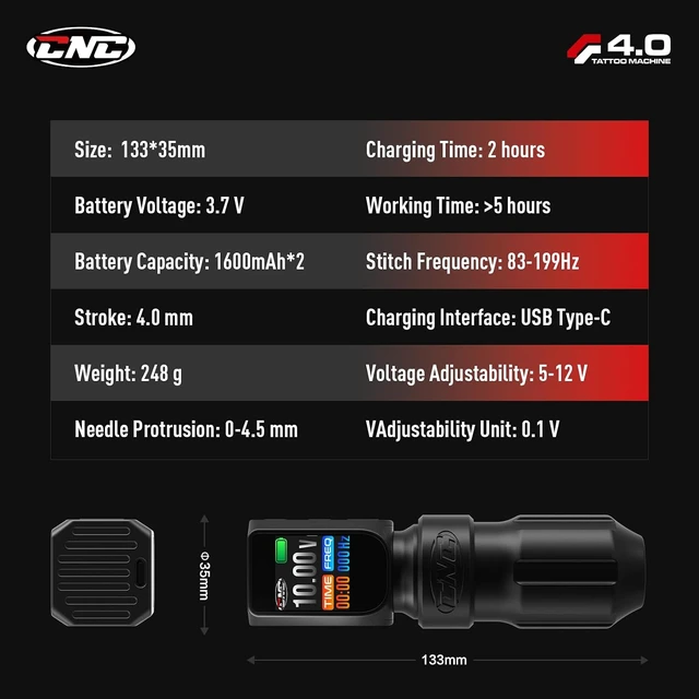 Alt view image 3 of 7 - Wireless Rotary Pen Tattoo Machine, 3200mAh Dual Battery, 4.0 Stroke Coreless Motor with LED Display