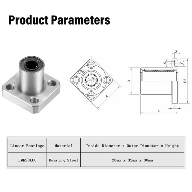 Alt view image 3 of 5 - 4-Pack LMK20LUU 20mm Square Flange Linear Ball Bearing, Rubber Sealed for CNC & 3D Printer