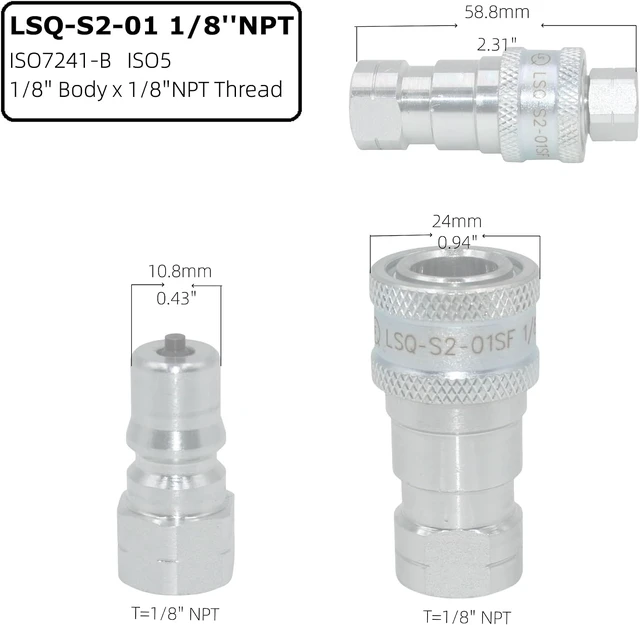 Alt view image 2 of 7 - 1/8" NPT Hydraulic Quick Connect Couplings, ISO 7241-B, Tractor with Dust Caps