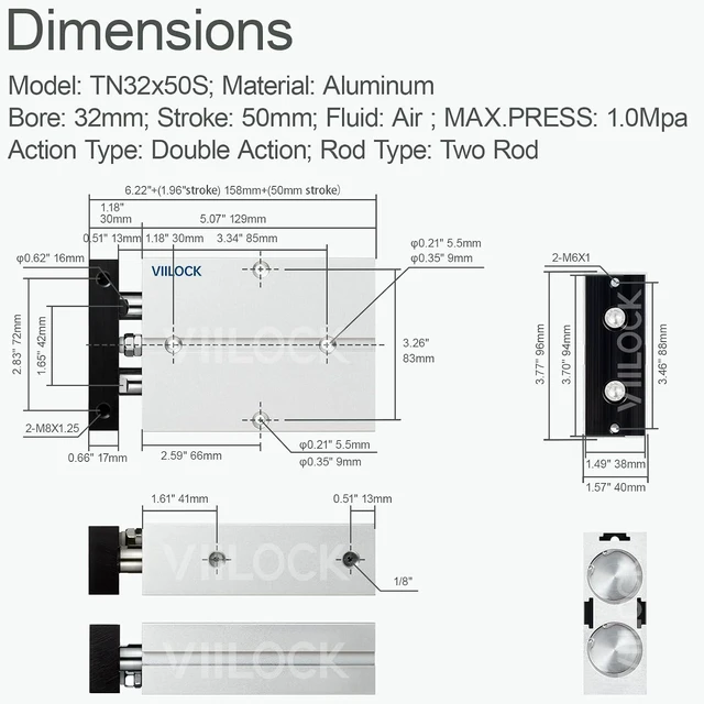 Alt view image 5 of 5 - 32mm Bore 50mm Stroke Double Rod Double Acting Air Cylinder