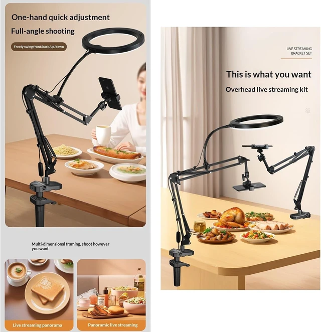 Alt view image 3 of 7 - Overhead Camera Mount with 10" Ring Light & Phone Holder, Adjustable Desk Tripod for Streaming & Cooking