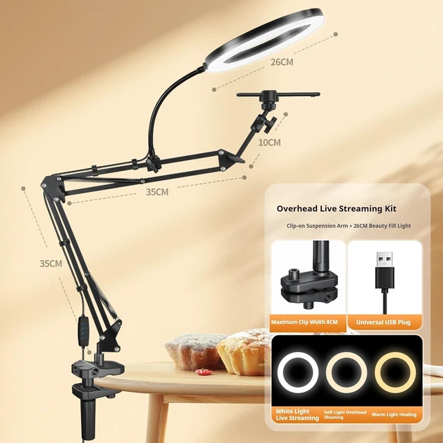 Alt view image 7 of 7 - Overhead Camera Mount with 10" Ring Light & Phone Holder, Adjustable Desk Tripod for Streaming & Cooking