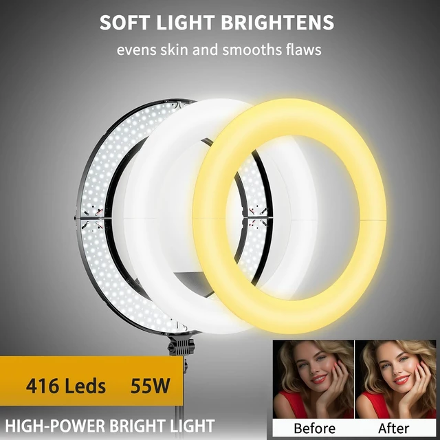 Alt view image 2 of 7 - 18" 55W Ring Light, High Brightness, Wall-Mount for Studio, Makeup & Live Streaming