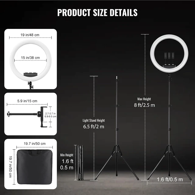 Alt view image 6 of 6 - 19" LED Ring Light with 78.7" Tripod & 3 Phone Holders