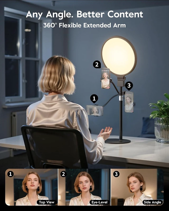 Alt view image 5 of 7 - 1300 Lumen Desk Ring Light with Stand, CRI 98+ with Flexible Phone Holder for Podcast & Streaming