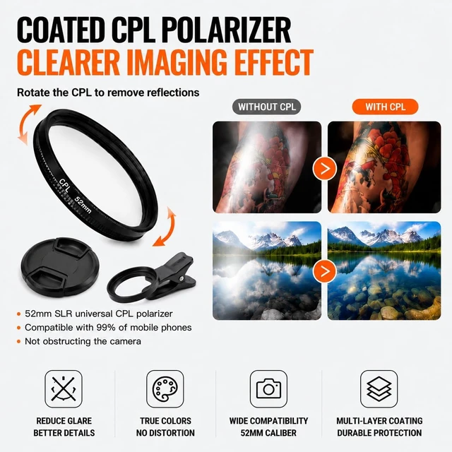 Alt view image 3 of 7 - 120-LED Tattoo Light Kit with 52mm CPL, Tripod & Dual Clips, Removes Glare for Tattoo Photos
