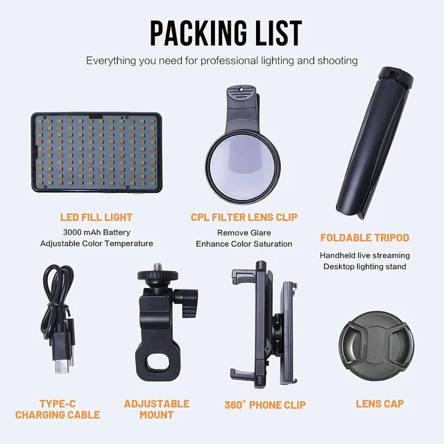 Alt view image 6 of 7 - 120-LED Tattoo Light Kit with 52mm CPL, Tripod & Dual Clips, Removes Glare for Tattoo Photos