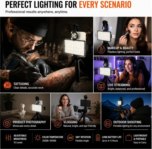 Alt view image 7 of 7 - 120-LED Tattoo Light Kit with 52mm CPL, Tripod & Dual Clips, Removes Glare for Tattoo Photos