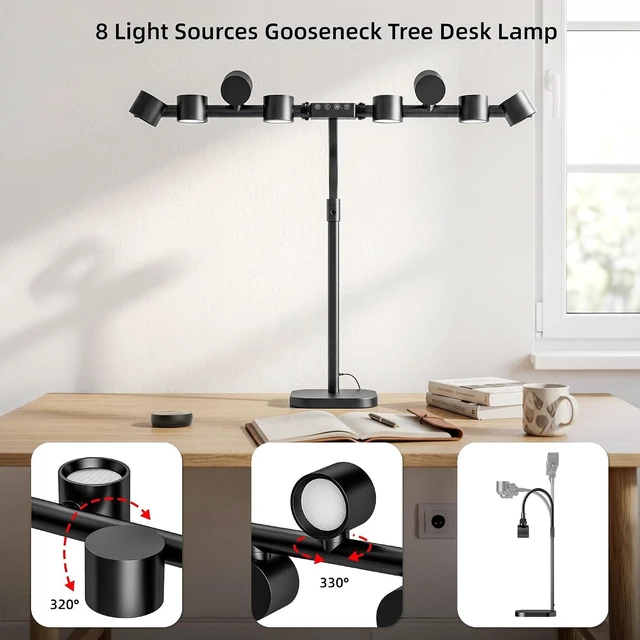Alt view image 2 of 6 - 24W Gooseneck Tree Desk Lamp with 8 Light Heads & Remote, Eye-Care Dimmable for Reading & Drafting