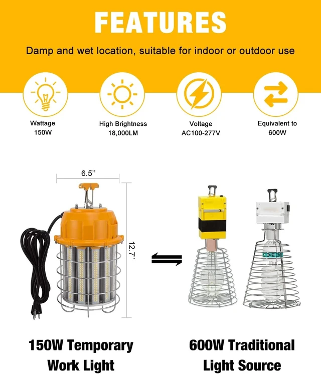 Alt view image 4 of 7 - 150W 18000LM 5000K LED Temporary Construction Work Light