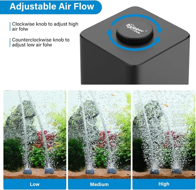 Alt view image 2 of 7 - Aquarium Air Pump, 4W-11W Adjustable, Dual Outlets with Air Stone for Fish Tanks & Hydroponics