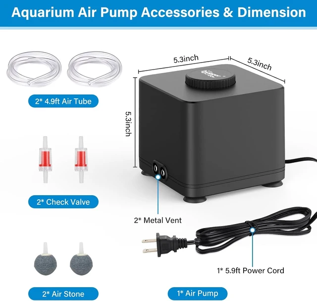 Alt view image 4 of 7 - Aquarium Air Pump, 4W-11W Adjustable, Dual Outlets with Air Stone for Fish Tanks & Hydroponics