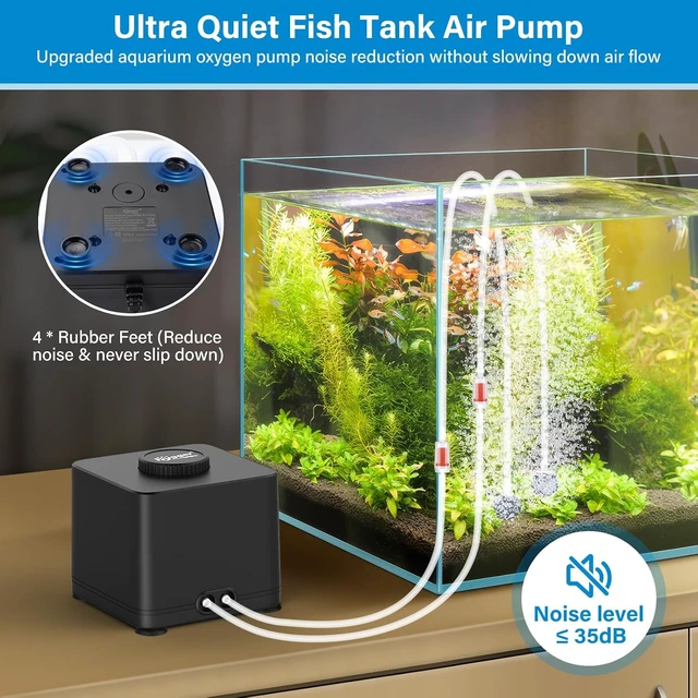 Alt view image 3 of 7 - Aquarium Air Pump, 4W-11W Adjustable, Dual Outlets with Air Stone for Fish Tanks & Hydroponics