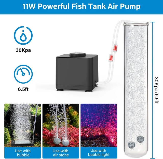 Alt view image 6 of 7 - Aquarium Air Pump, 4W-11W Adjustable, Dual Outlets with Air Stone for Fish Tanks & Hydroponics