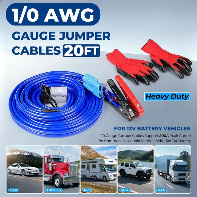 Alt view image 2 of 7 - 20FT 1/0 AWG 800A Jumper Cables for SUV & Trucks