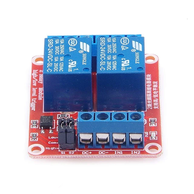 Alt view image 3 of 5 - 2-Pack DC 24V 2-Channel Relay Module with Isolated Optocoupler, High/Low Trigger