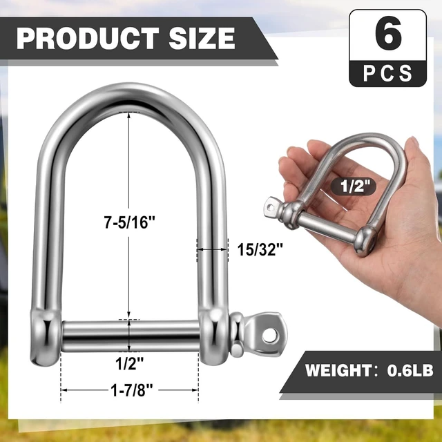 Alt view image 2 of 6 - 6-Pack 1/2" 316 Stainless D-Shackles with Locking Pins, 2200 lb for Lifting, Camping & Marine