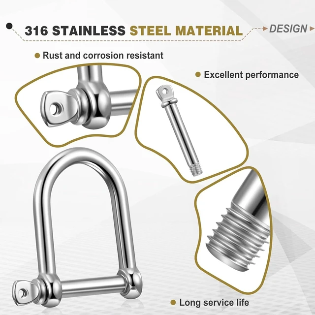 Alt view image 3 of 6 - 6-Pack 1/2" 316 Stainless D-Shackles with Locking Pins, 2200 lb for Lifting, Camping & Marine