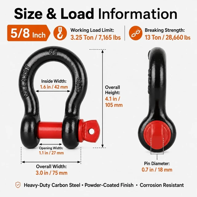 Alt view image 2 of 7 - 6-Pack 5/8" D-Ring Shackles, 3.25 Ton Screw Pin, Carbon Steel for Towing & Off-Road