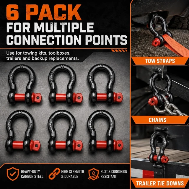Alt view image 6 of 7 - 6-Pack 5/8" D-Ring Shackles, 3.25 Ton Screw Pin, Carbon Steel for Towing & Off-Road
