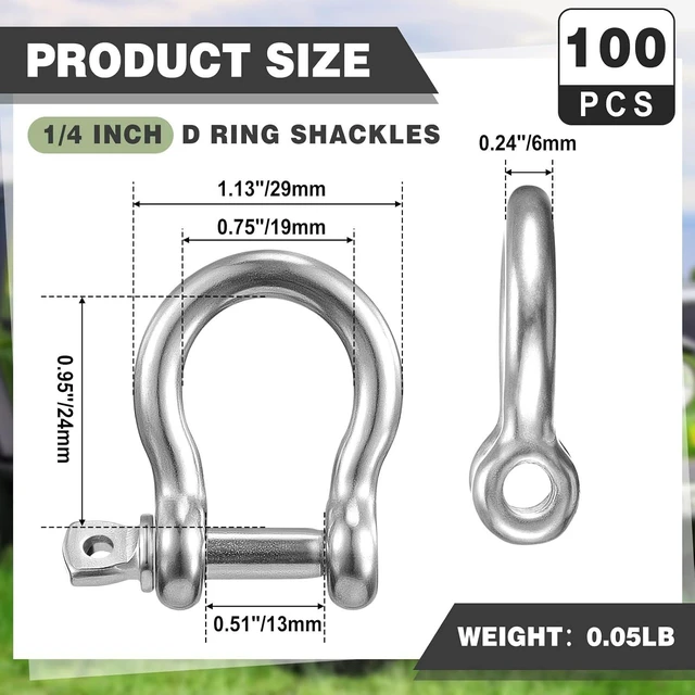 Alt view image 2 of 6 - 100-Pack 1/4" D-Ring Shackles, 3.8 Ton (8377 lb) Break Strength