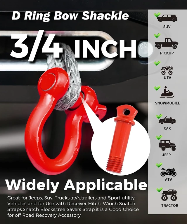 Alt view image 6 of 7 - 4-Pack Red 3/4" D-Ring Recovery Shackles with 7/8" Screw Pin
