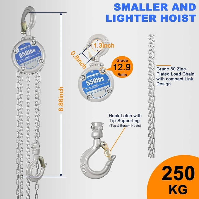 Alt view image 4 of 7 - Mini 1/4 Ton Chain Hoist, 550 lb, 10ft Lift, 8.9" Headroom