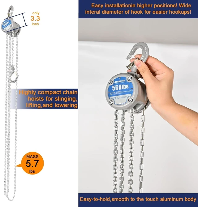 Alt view image 5 of 7 - Mini 1/4 Ton Chain Hoist, 550 lb, 10ft Lift, 8.9" Headroom