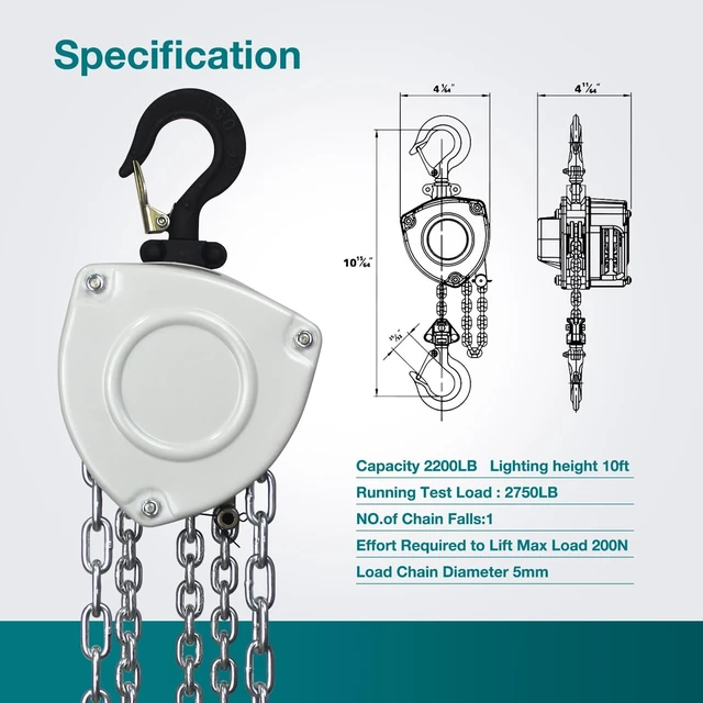 Alt view image 5 of 6 - 1100lb 0.5 Ton Manual Chain Block Hoist, 10ft Lift with 2 Heavy Duty Hooks