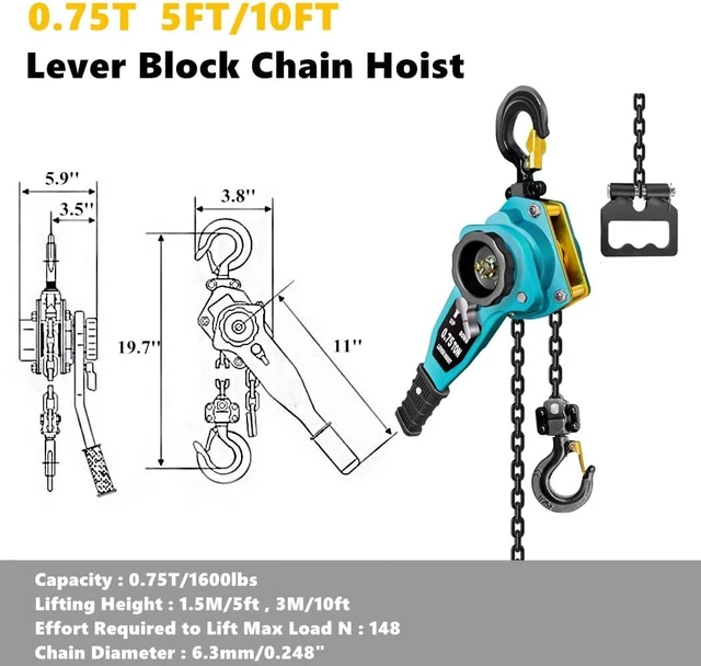 Alt view image 2 of 7 - 3/4 Ton 1650 lb Manual Lever Chain Hoist, 5ft Ratchet Puller