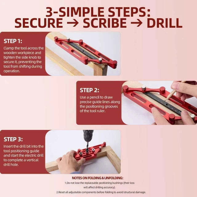Alt view image 7 of 7 - Self-Centering Doweling Jig with Interchangeable Rods, Woodworking Hole Drill Guide