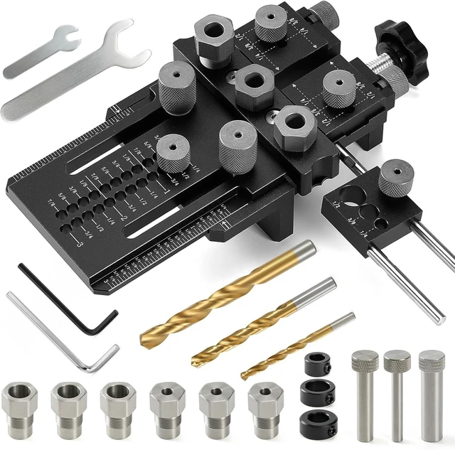 Main image of Woodworking Dowel Jig Kit with 1/4/3/8/1/2" Bushings & Bits, Quick Clamp for Cabinet & Furniture