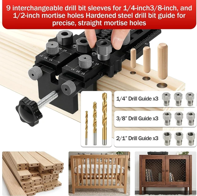 Alt view image 2 of 7 - Woodworking Dowel Jig Kit with 1/4/3/8/1/2" Bushings & Bits, Quick Clamp for Cabinet & Furniture