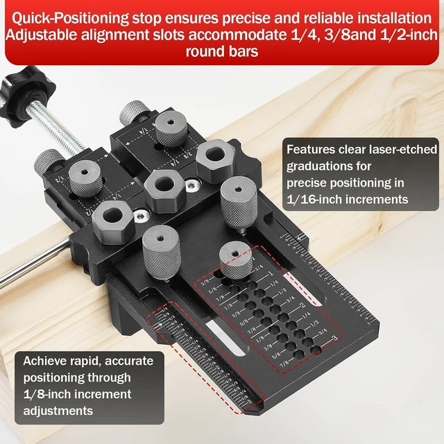 Alt view image 3 of 7 - Woodworking Dowel Jig Kit with 1/4/3/8/1/2" Bushings & Bits, Quick Clamp for Cabinet & Furniture
