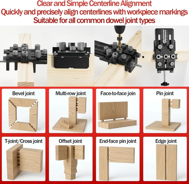 Alt view image 5 of 7 - Woodworking Dowel Jig Kit with 1/4/3/8/1/2" Bushings & Bits, Quick Clamp for Cabinet & Furniture