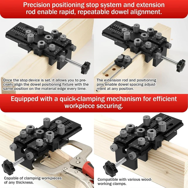 Alt view image 6 of 7 - Woodworking Dowel Jig Kit with 1/4/3/8/1/2" Bushings & Bits, Quick Clamp for Cabinet & Furniture