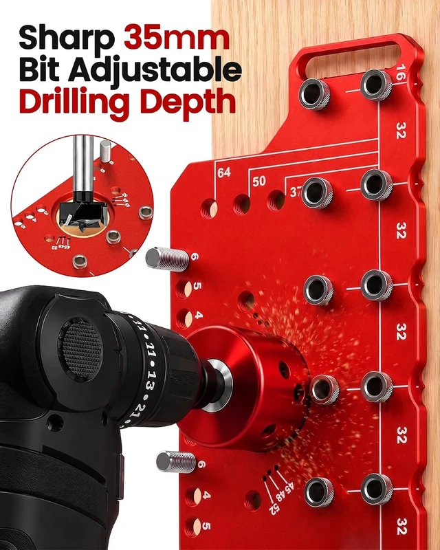 Alt view image 4 of 7 - 2-in-1 Shelf Pin & Hinge Jig with 35mm Drill Bits for Cabinet Hardware