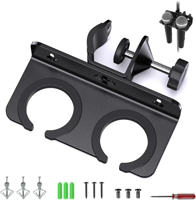 Main image of Double Microphone Holder for 2 Handheld Mics, Clamp on Stand/Desk or Wall