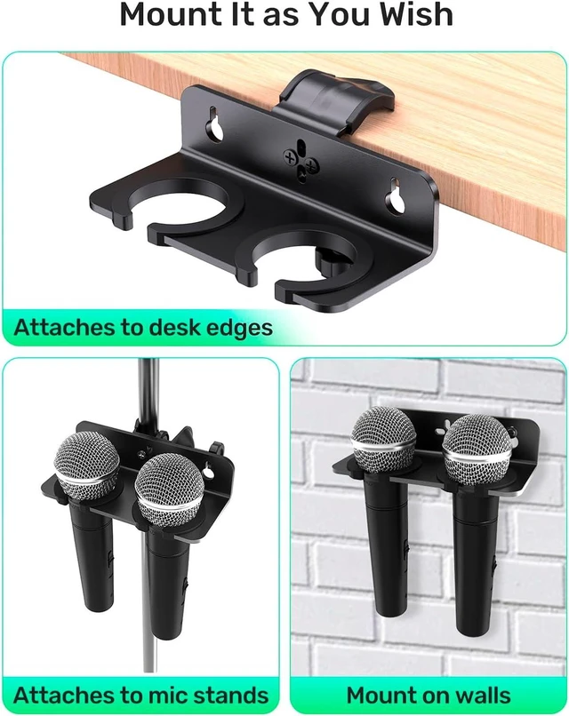 Alt view image 2 of 7 - Double Microphone Holder for 2 Handheld Mics, Clamp on Stand/Desk or Wall