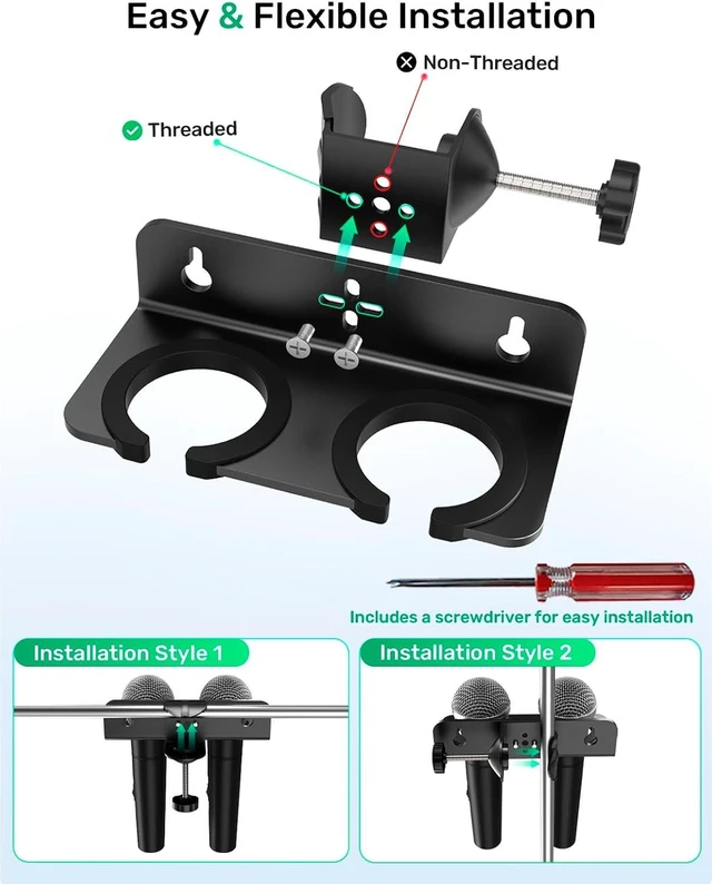 Alt view image 6 of 7 - Double Microphone Holder for 2 Handheld Mics, Clamp on Stand/Desk or Wall