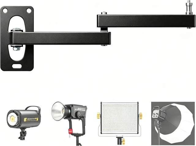 Main image of Wall Mount Boom Arm for Ring Light, Studio Light & Mic, 180° Swivel, Heavy Duty Aluminum, 12" Extension