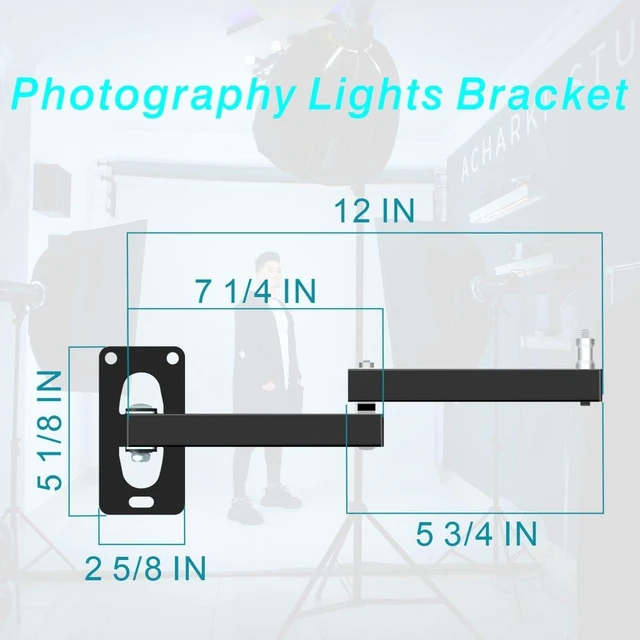 Alt view image 5 of 7 - Wall Mount Boom Arm for Ring Light, Studio Light & Mic, 180° Swivel, Heavy Duty Aluminum, 12" Extension