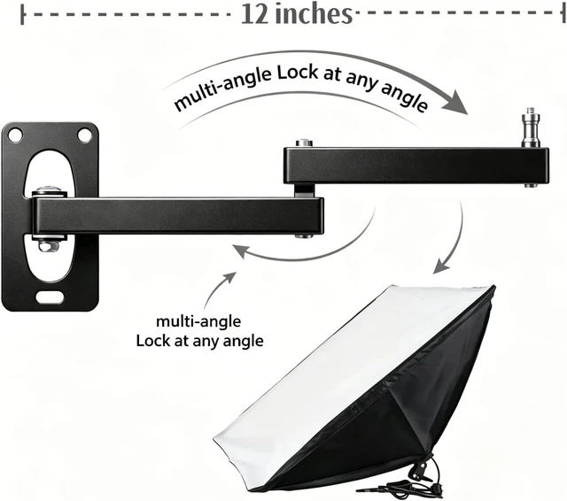 Alt view image 7 of 7 - Wall Mount Boom Arm for Ring Light, Studio Light & Mic, 180° Swivel, Heavy Duty Aluminum, 12" Extension