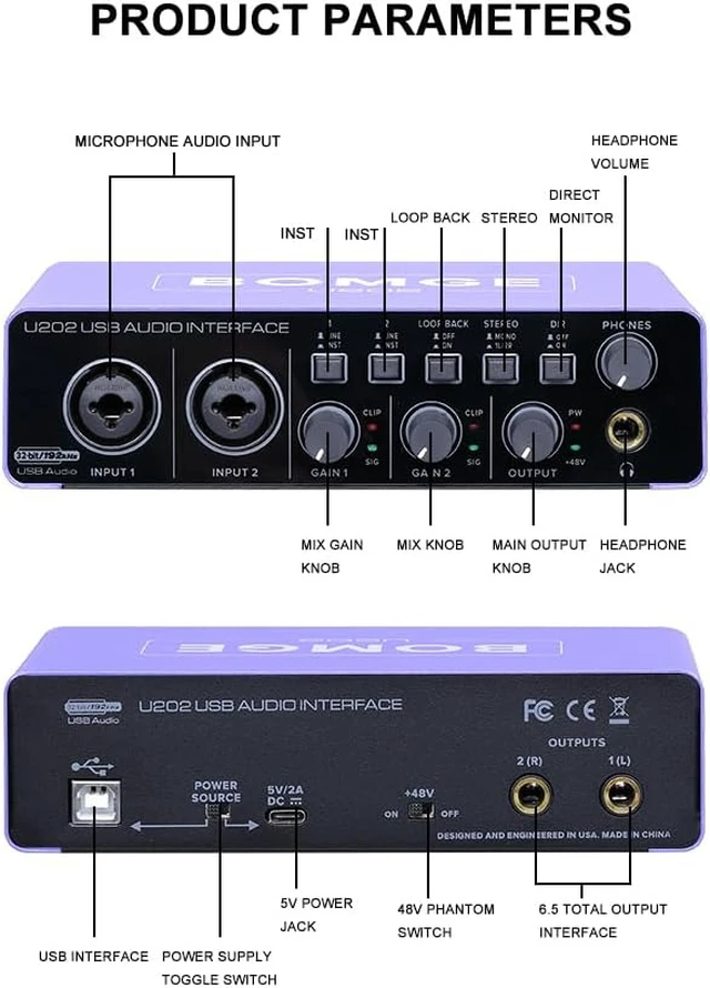 Alt view image 5 of 7 - USB Audio Interface with XLR/48V Phantom Power, 32-Bit/192kHz for Guitar, Vocal & Podcast (U202P)