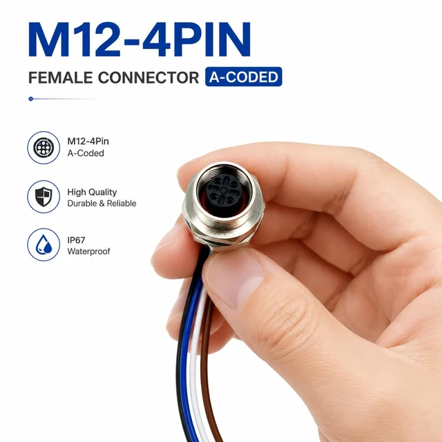 Alt view image 5 of 6 - 5-Pack M12 4-Pin Female Panel Connector, IP67 Waterproof Bulkhead with 20cm Pigtail