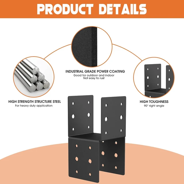 Alt view image 5 of 7 - 4-Pack 4x4 Heavy Duty Steel Post Brackets for Wood Posts