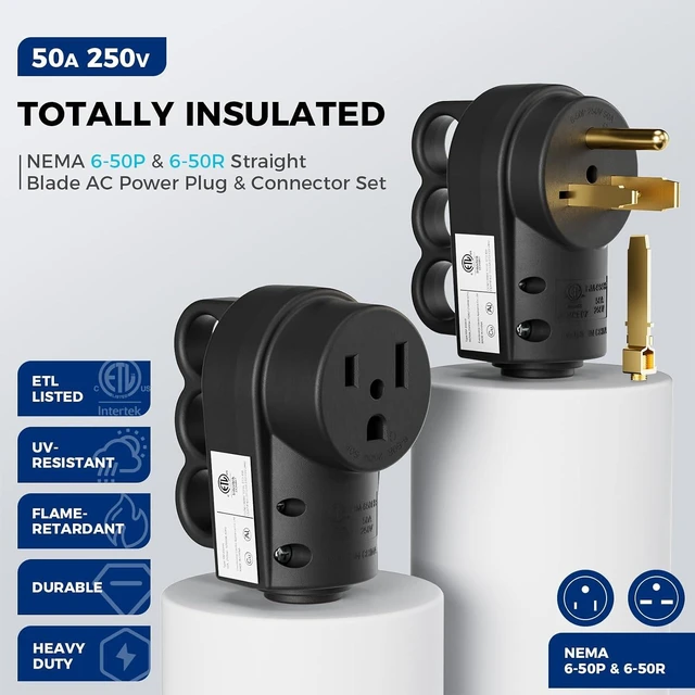 Alt view image 2 of 7 - NEMA 6-50 Welder Plug & Receptacle Set, 50A 250V 3-Prong, Heavy Duty, Black