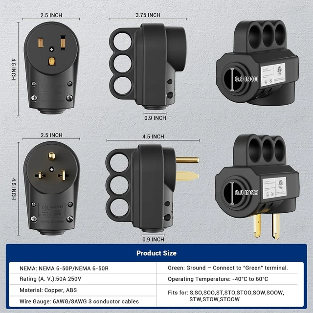Alt view image 4 of 7 - NEMA 6-50 Welder Plug & Receptacle Set, 50A 250V 3-Prong, Heavy Duty, Black