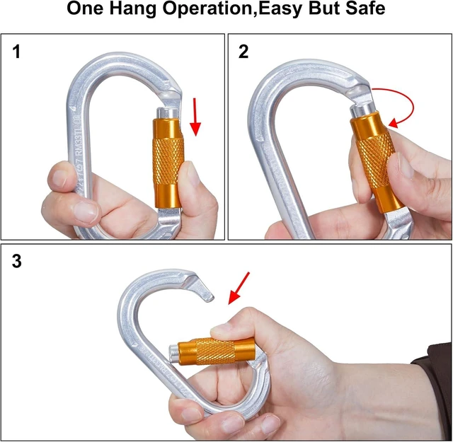 Alt view image 3 of 6 - Heavy Duty Auto-Locking Carabiner Clips, Asymmetrical for Rappelling, Rescue & Outdoor